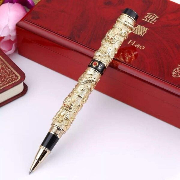 Dragon & Phoenix Red Fountain Pen – Ornate Gold-Tone Nib