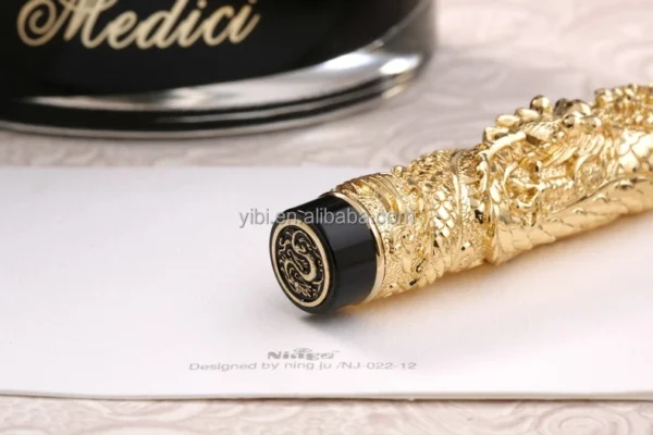 Dragon & Phoenix Red Fountain Pen – Ornate Gold-Tone Nib