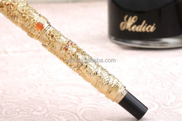 Dragon & Phoenix Red Fountain Pen – Ornate Gold-Tone Nib