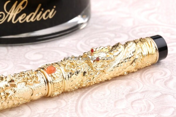 Dragon & Phoenix Red Fountain Pen – Ornate Gold-Tone Nib