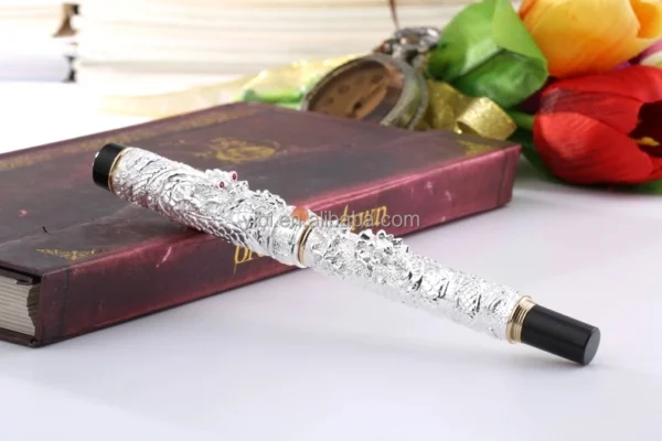 Dragon & Phoenix Red Fountain Pen – Ornate Gold-Tone Nib