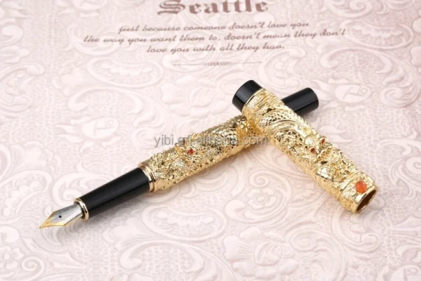 Dragon & Phoenix Red Fountain Pen – Ornate Gold-Tone Nib