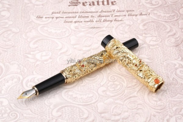 Dragon & Phoenix Red Fountain Pen – Ornate Gold-Tone Nib