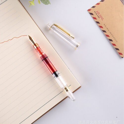 Transparent Red Piston-Fill Fountain Pen – 1.0mm Bent Nib
